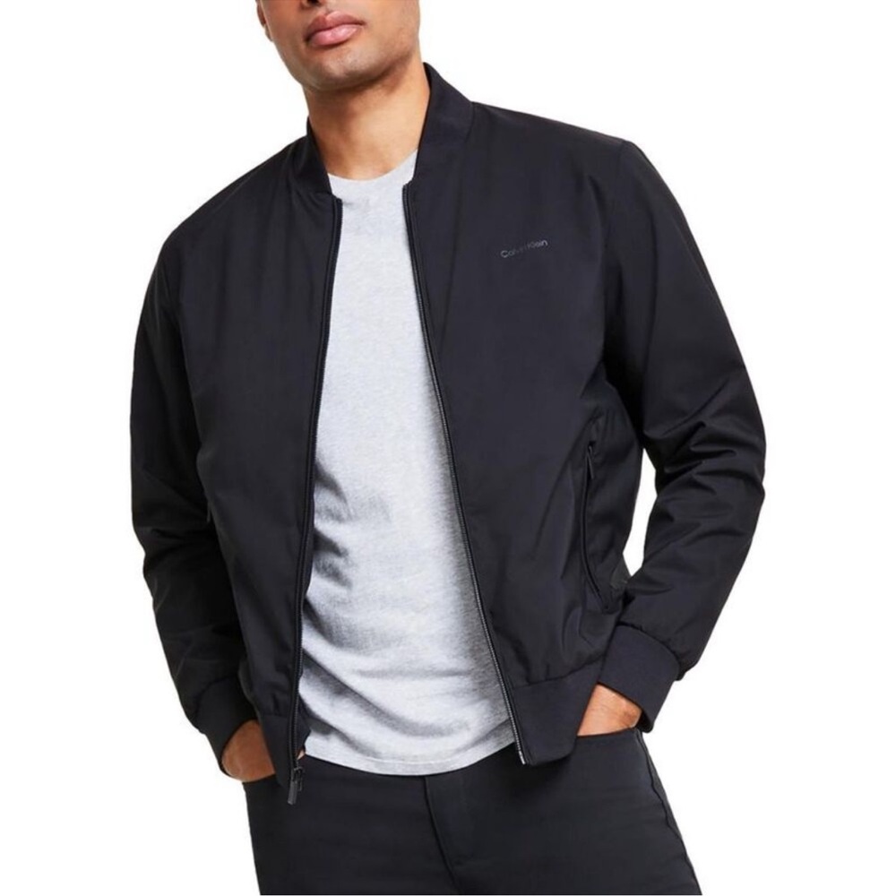 Calvin Klein Mens Black Matte Long Sleeves Coat Bomber Jacket Outerwear